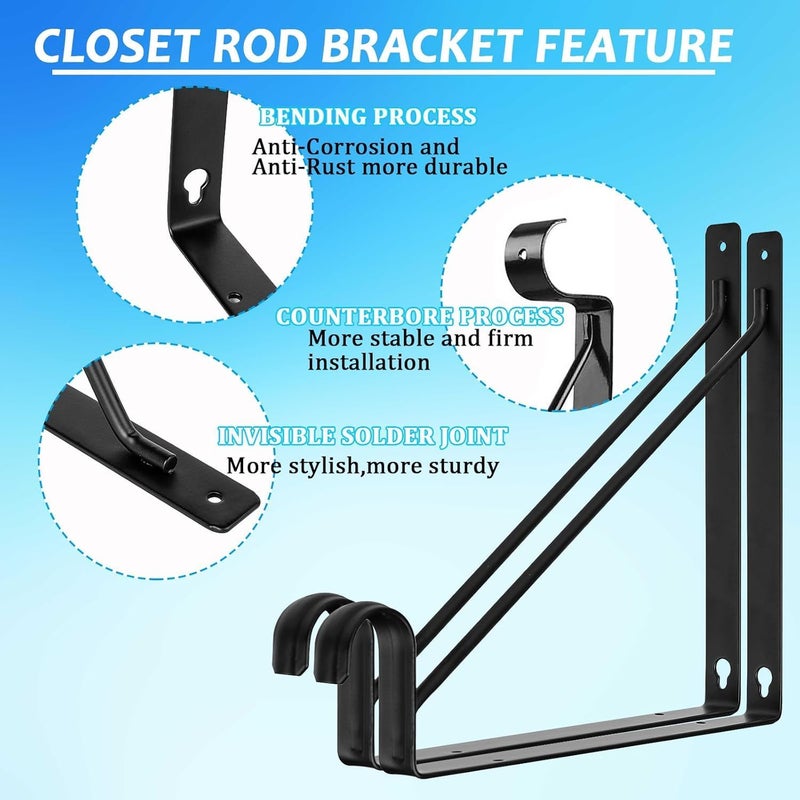 APOCHON 4 Pack Heavy Duty Closet Shelf and Rod Brackets 300lbs, 11 x 11 Inch Wall Mounted Closet Shelves Bracket with Rod Shelving Support, Black Closet Pole Holder Bracket with Screws - Image 3